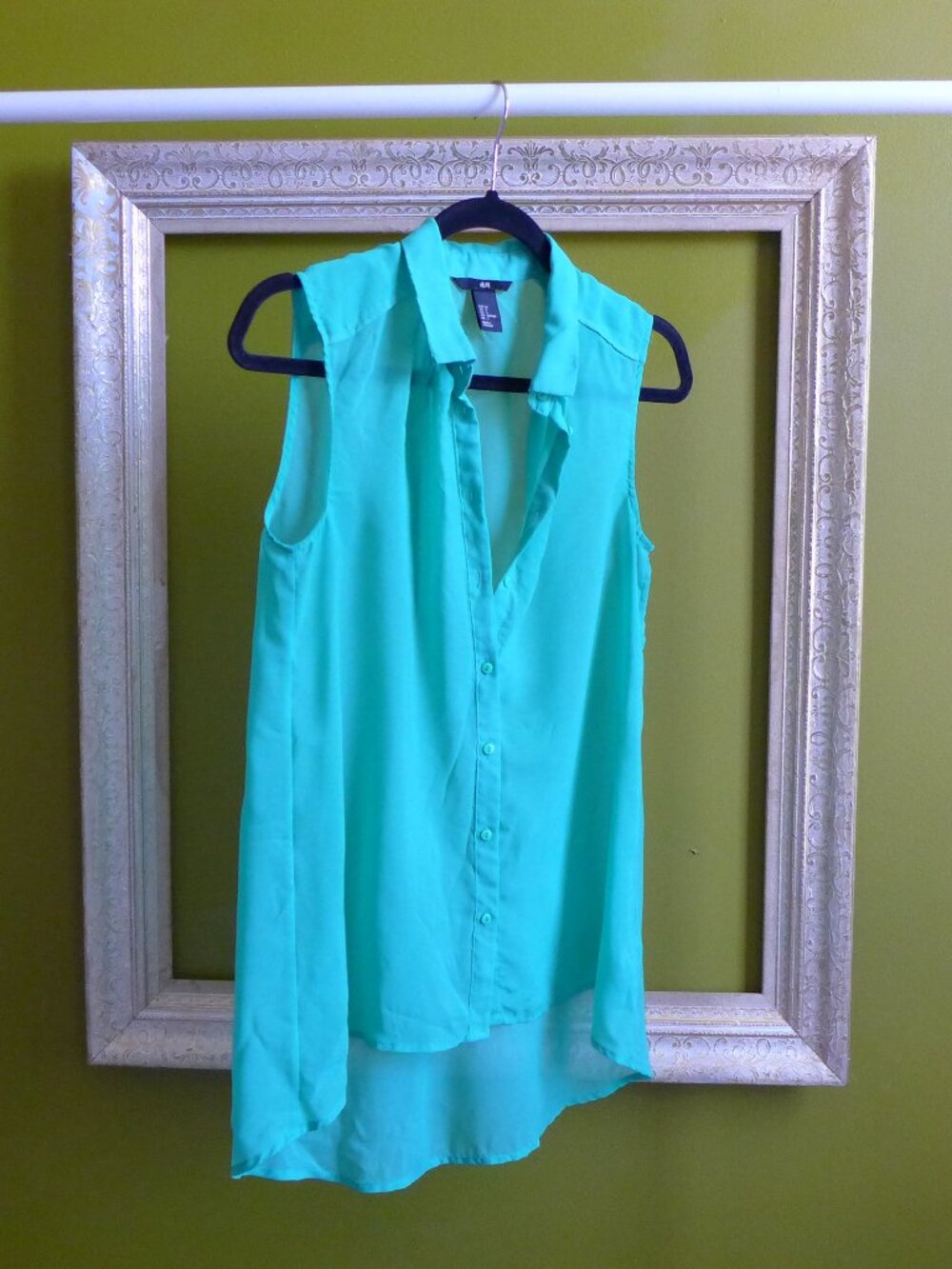 H&M, Size 6, NWOT, Women's Blouse, Emerald Green, Sheer, Button-Down